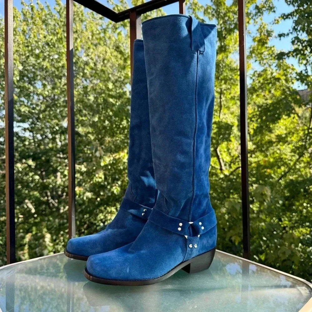 New Free People Suede Knee-High Moto Boots Lockhart Blue Womens Size 6 - Picture 7 of 16